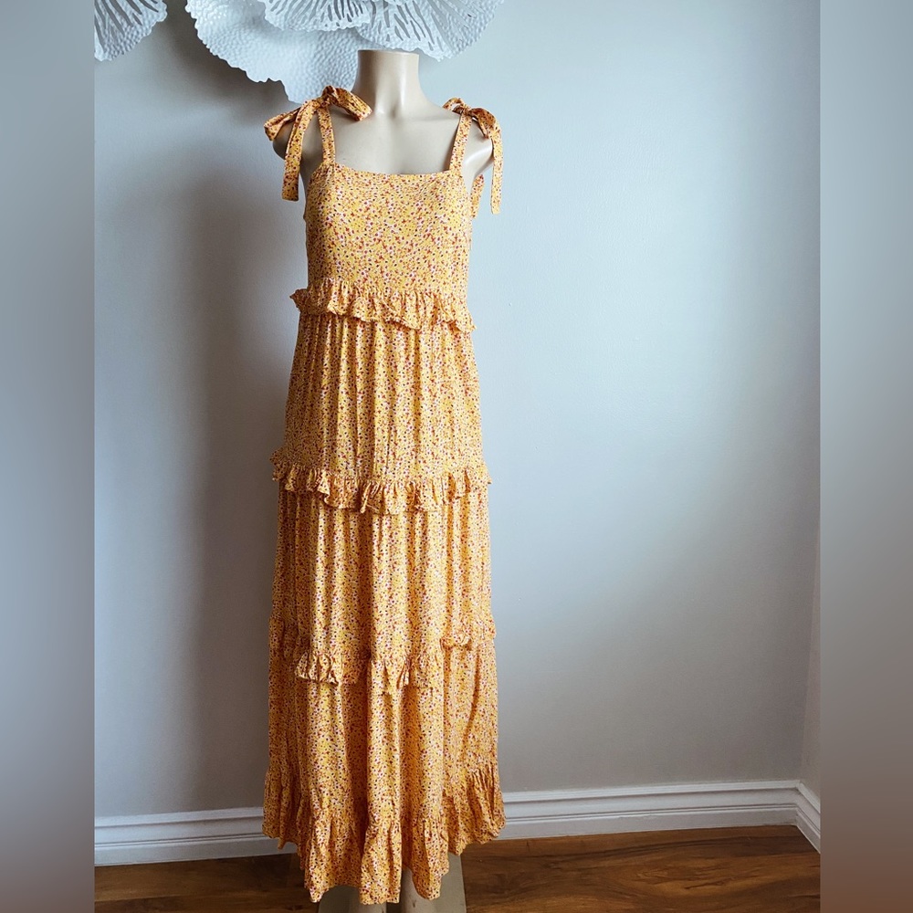 Ivy Street Floral Ditsy Print Yellow Tiered Maxi Dress Bow Tie Square Neck Flowy